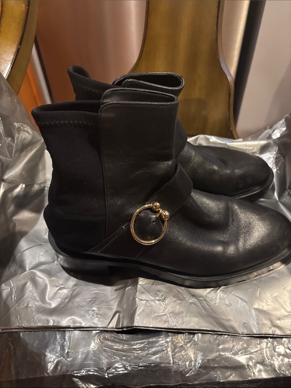 Stuart Weitzman Black Leather Ankle Boots with Gold Ring Detail
